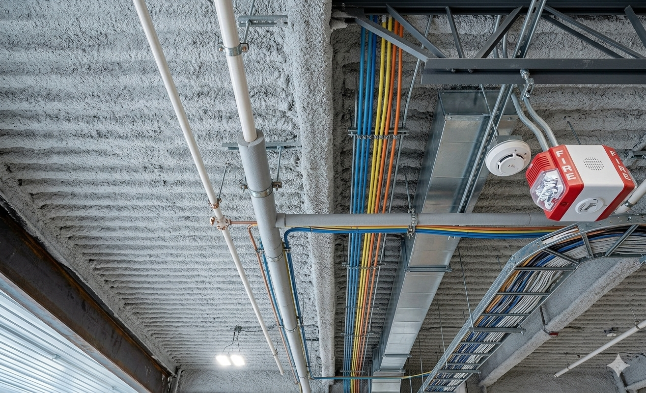 Projection de flocage coupe-feu sur bac acier collaborant