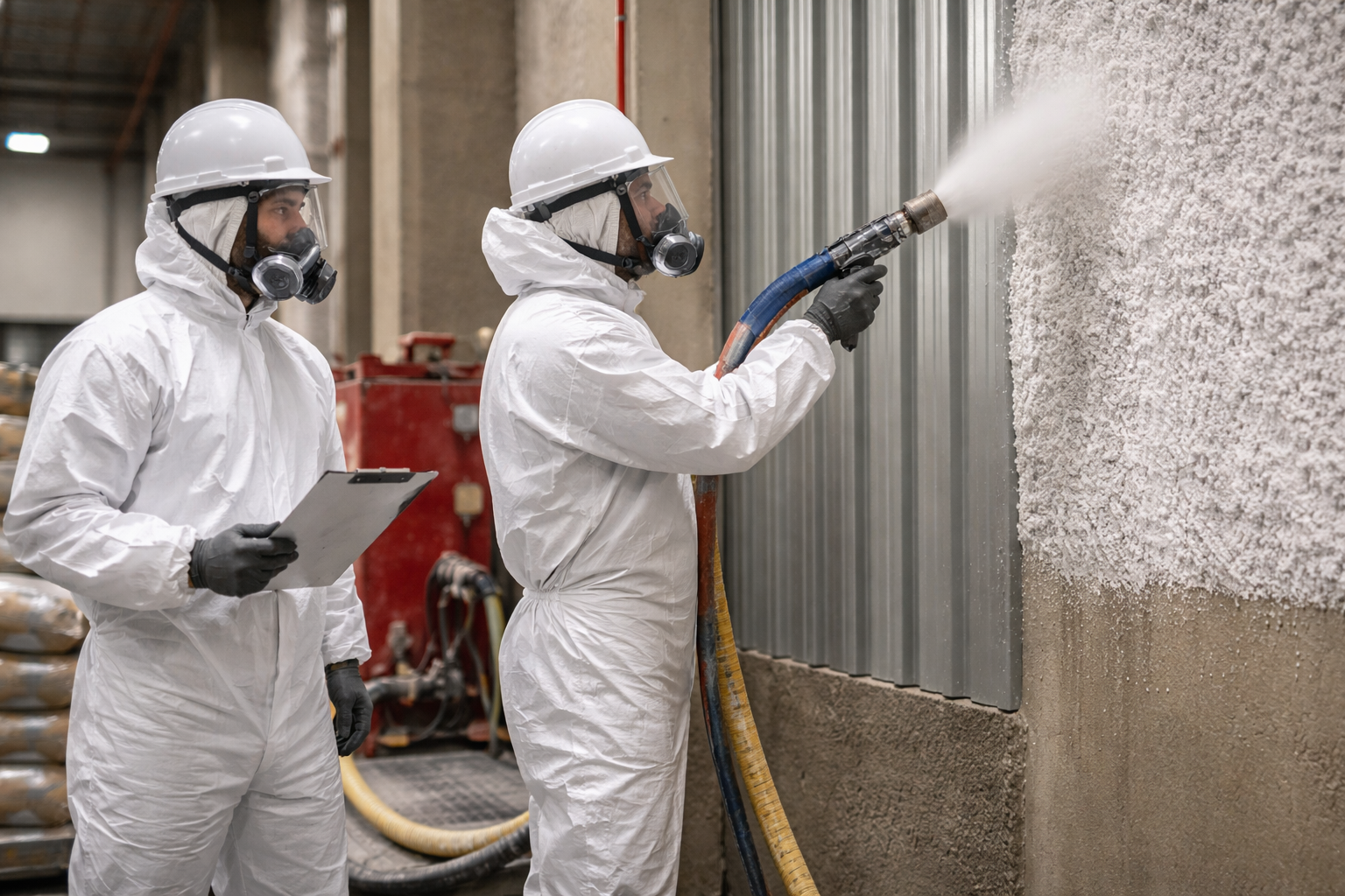 Flocage coupe-feu sur bardage métallique vertical en bâtiment industriel