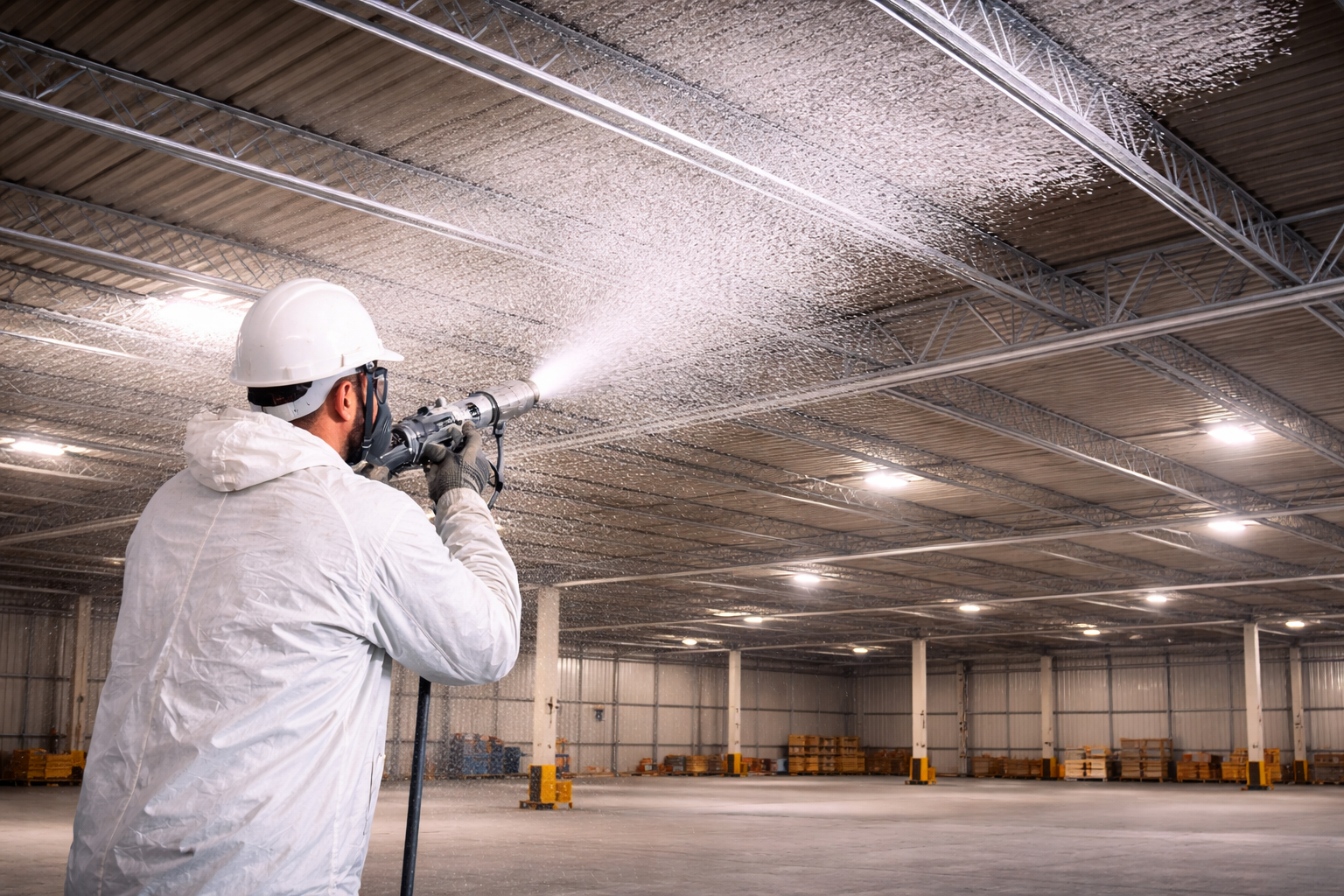 Flocage coupe-feu en sous-face de toiture industrielle