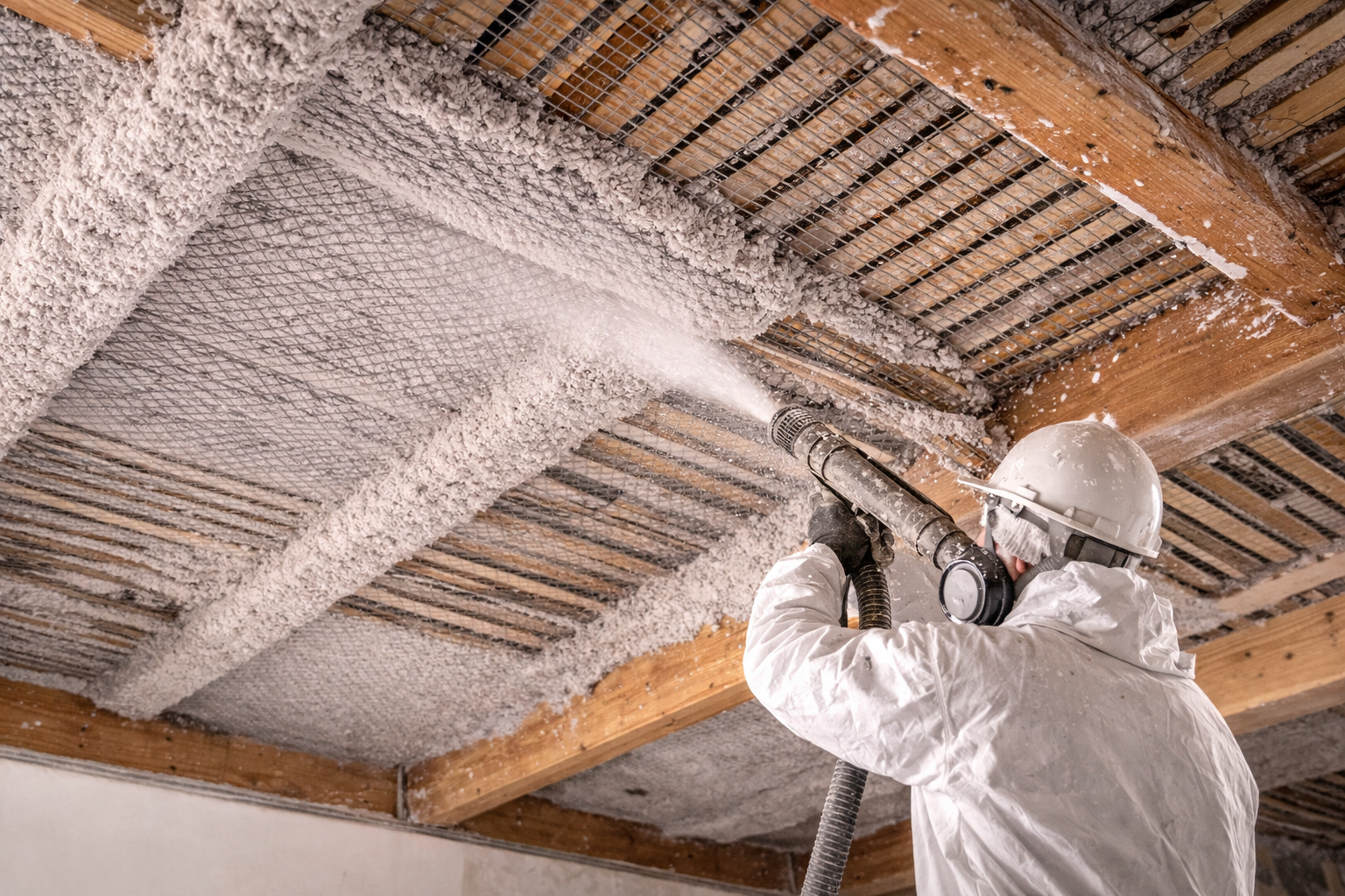 Support lattis et nergalto préparé pour flocage coupe-feu